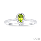 5x3 MM Pear Shape Peridot and 1/20 Ctw Single Cut Diamond Halo Semi-Precious Ring in 10K White Gold